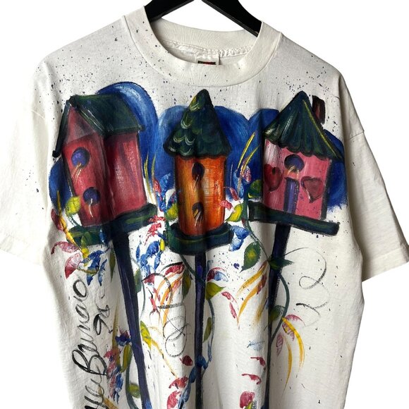 Vintage 90s Bird House Painted T Shirt Adult White XL Extra Large Single Stitch - Picture 2 of 13